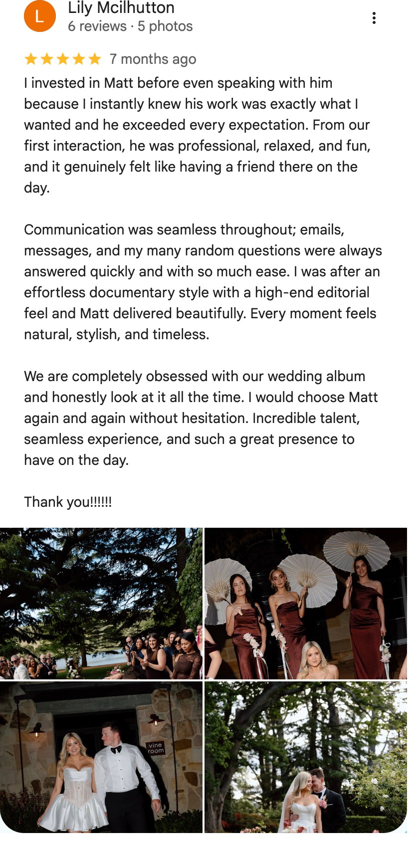 Five-star Google review from Lily Mcilhutton