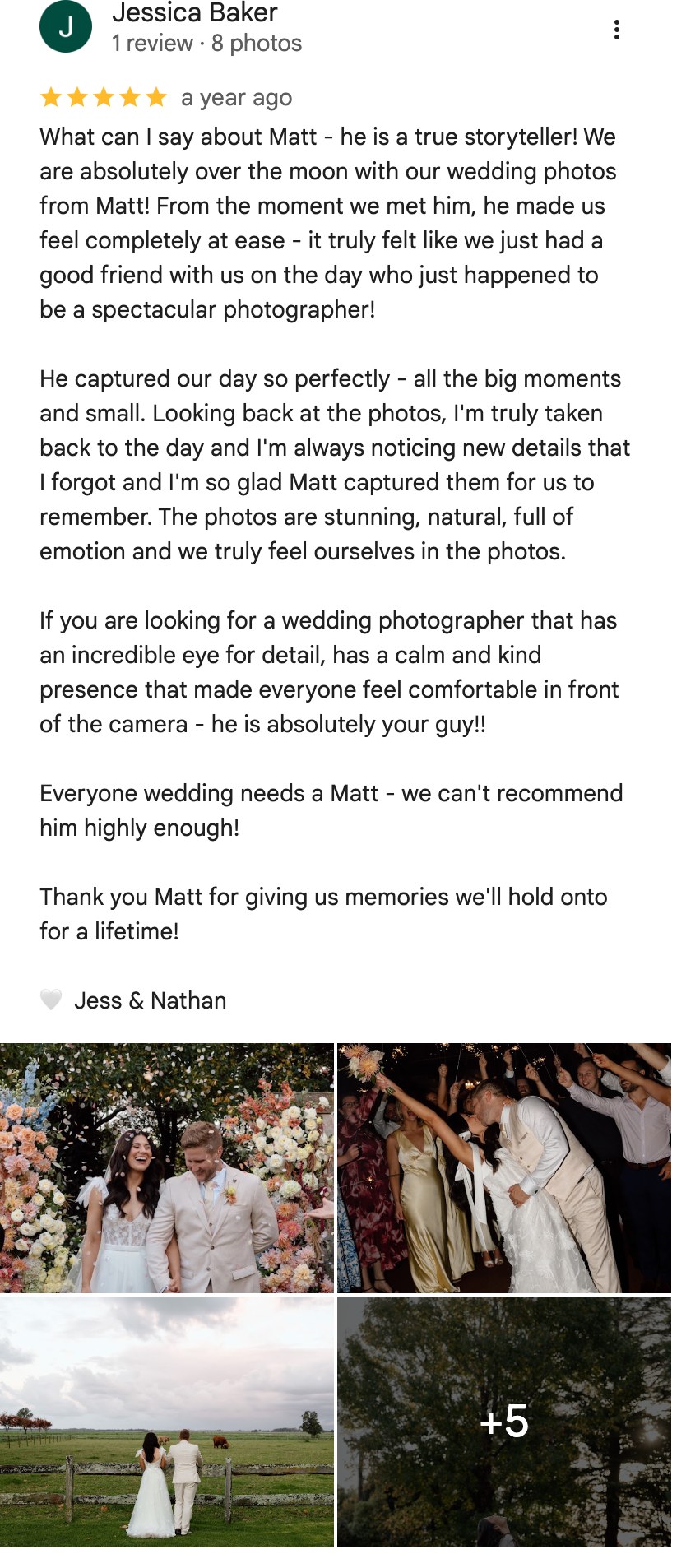 Five-star Google review from Jessica Baker